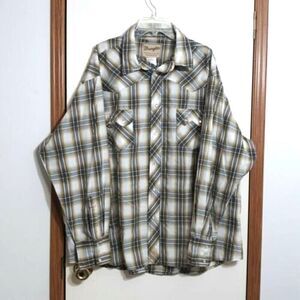 Wrangler Mens Sz 2XL Western Shirt Brown Gray Plaid Pearl Snaps  Long Sleeves